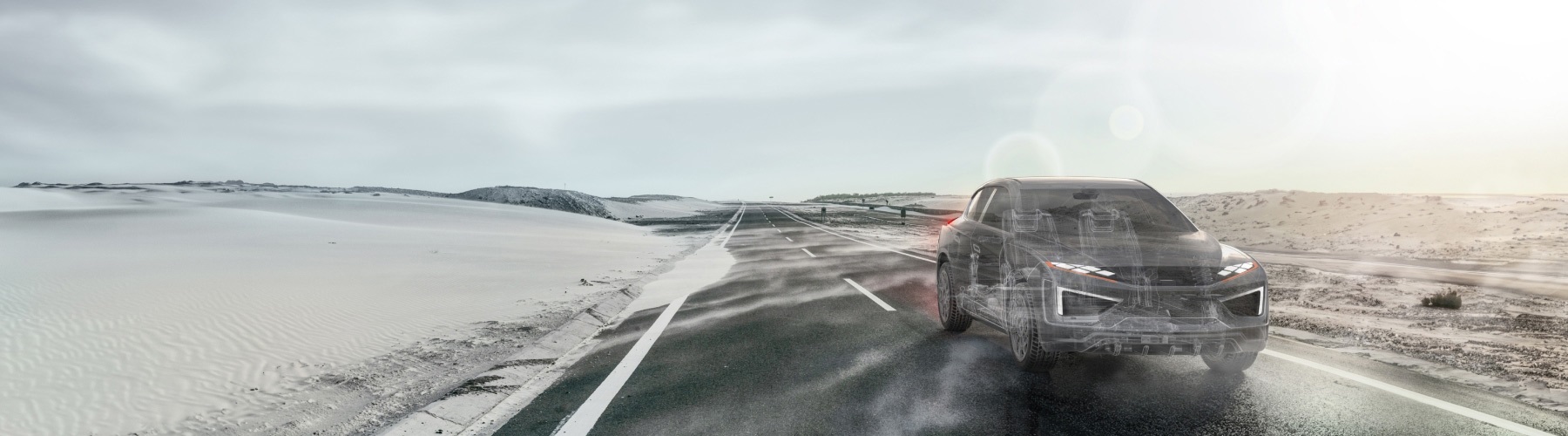 Blurred motion of people walking across a modern office walkway with glass railings
