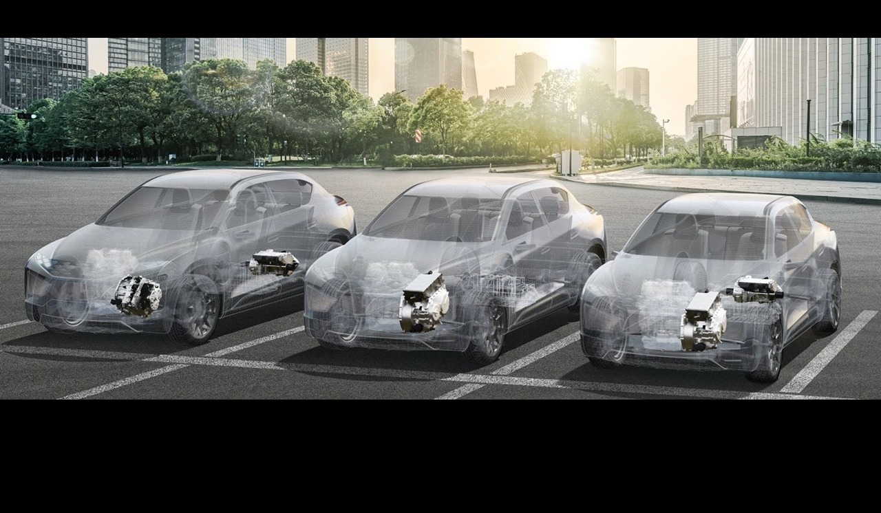 Three hybrid SUVs with semi-transparent bodies parked in a city lot, showcasing internal hybrid powertrain systems for automotive innovation