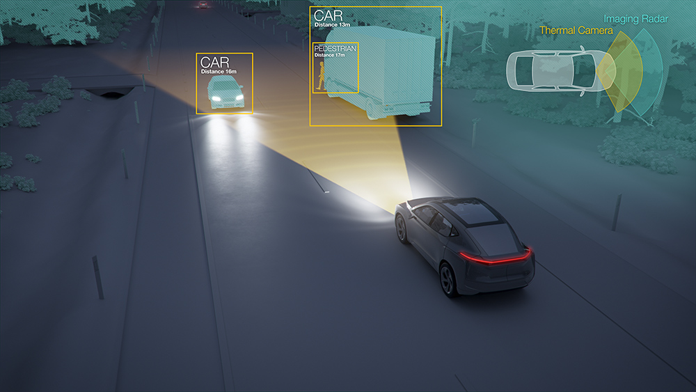 Animation of vehicle illustrating thermal radar to find objects in the vehicle's path