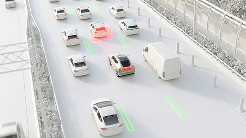 Animated vehicle driving along a busy highway using adaptive cruise control to meet the flow of traffic