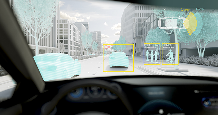 Radar and camera technology indicating obstacles while a vehicle is driving along a road