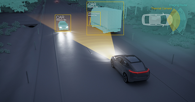 Animation of vehicle illustrating thermal radar to find objects in the vehicle's path