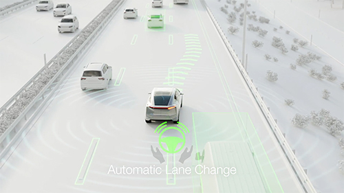 Animated vehicle driving along a highway using automatic lane change technology