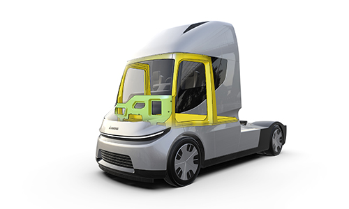 Rear view of grey vehicle taillights on with fog in background