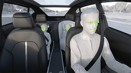 Animated people in a vehicle with the driver monitoring camera monitoring the occupants