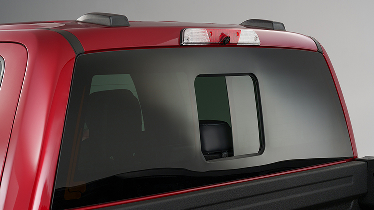 PureView rear sliding window in a red truck