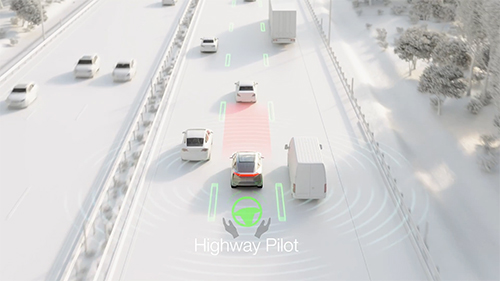 Animated vehicle driving along a highway using highway pilot to automatically drive