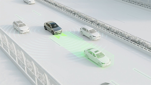 Animated vehicle driving along a highway using integrated cruise assist to help keep safe driving distance