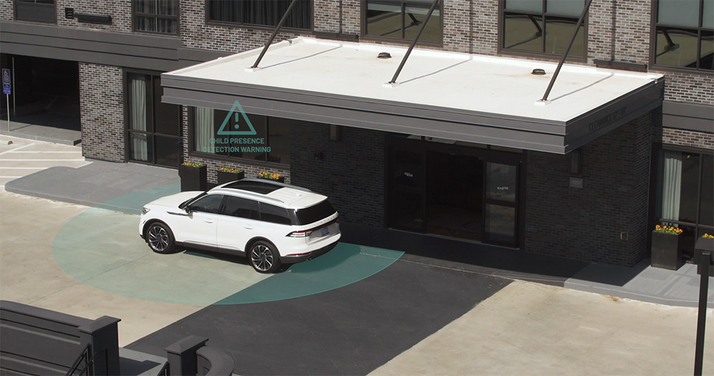 Animation of a vehicle parking with interior sensing system detecting a child in the vehicle