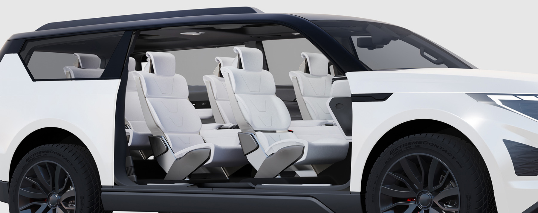 White vehicle with doors opened showing 3 rows of seats