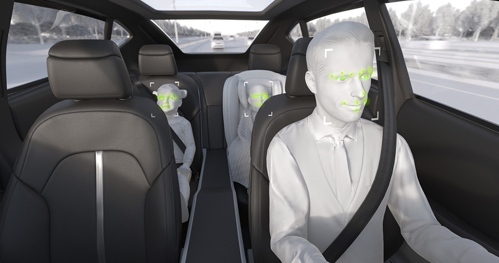 Animated people sitting in a vehicle illustrating interior sensing system