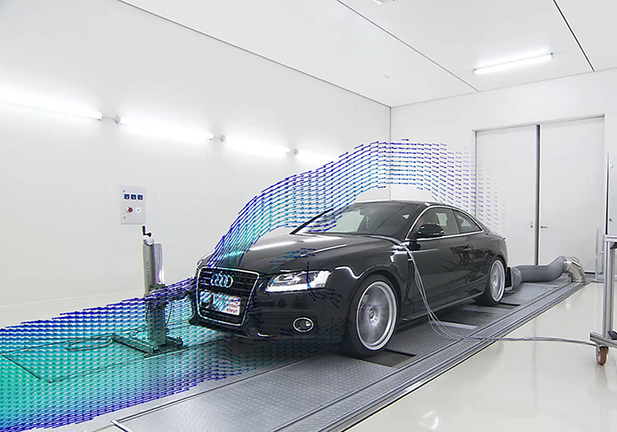 Car undergoing thermal and energy management testing in a laboratory wind tunnel