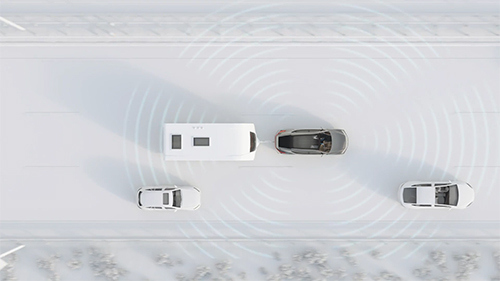 Animated vehicle pulling a trailer along a highway using 360 deg trailer view technology