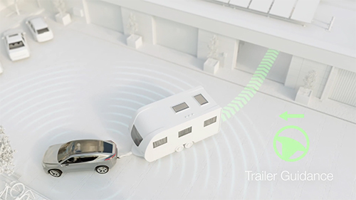 Animated vehicle with a trailer attached using trailer guidance to reverse into garage