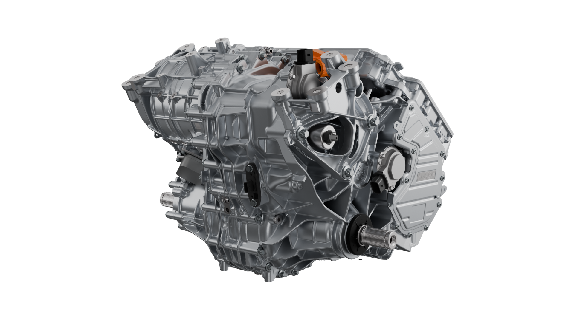 Silver automotive transmission system on a black background