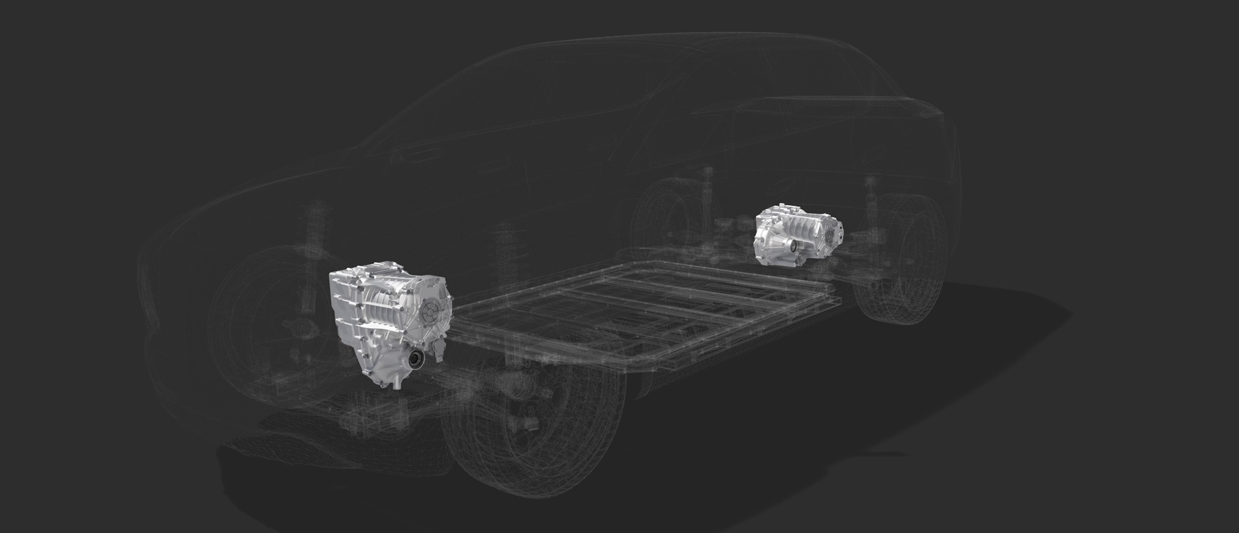 Transparent car model showing electric drivetrain components and battery placement