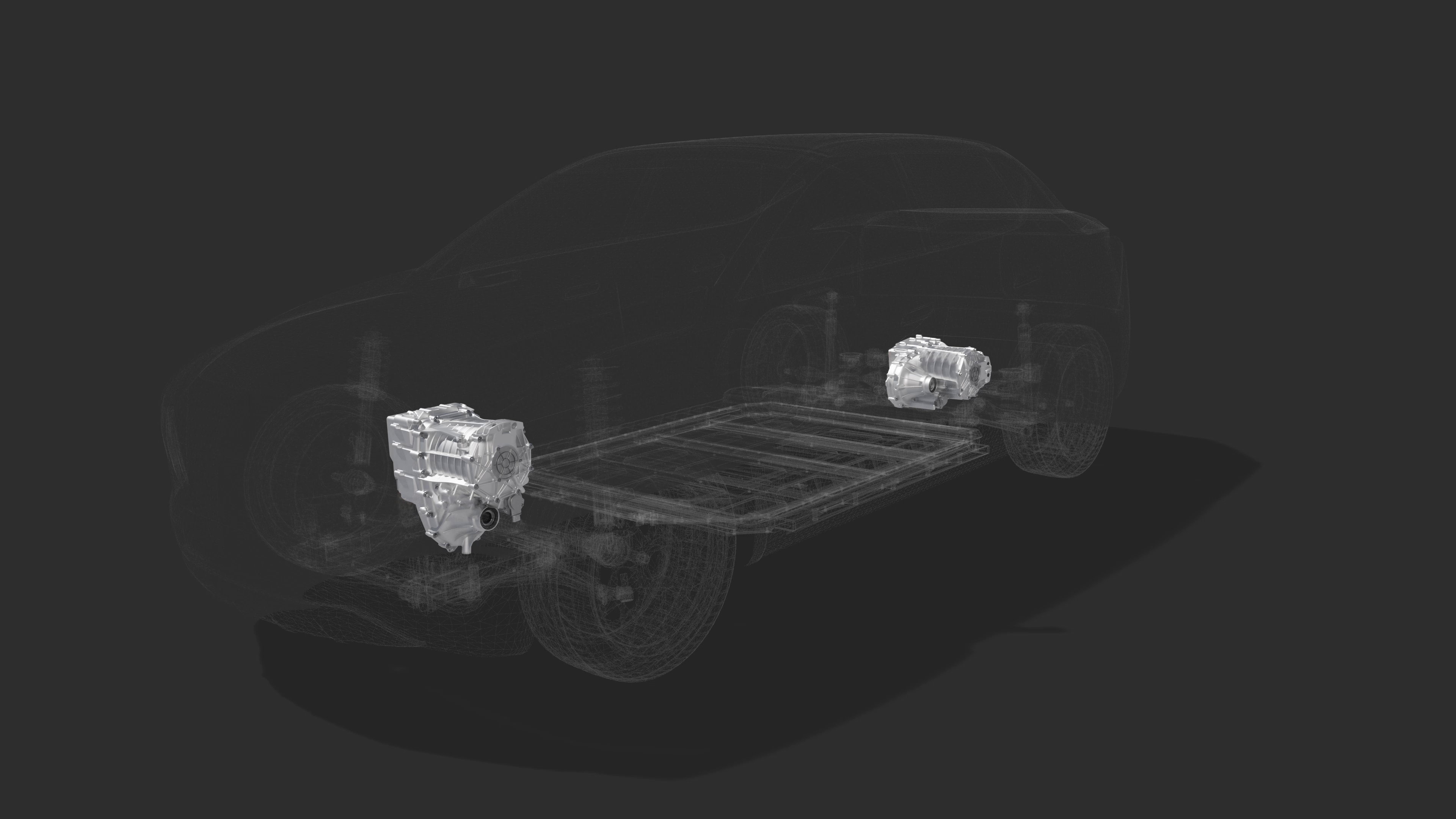 Transparent car model showing electric drivetrain components and battery placement