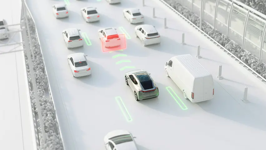 Illustration of car using adaptive cruise control with sensors detecting vehicles ahead on a highway