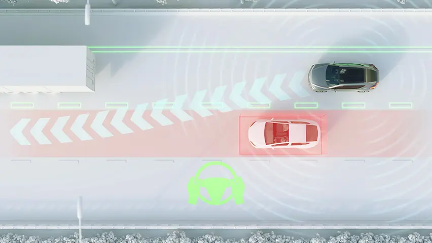Illustration of car using lane keeping assist with sensors detecting lane markings and nearby vehicles