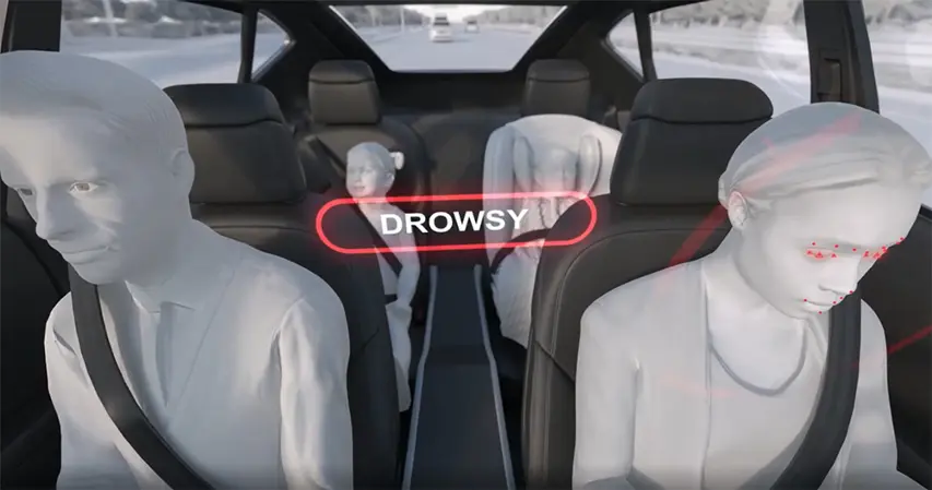 Animated people sitting in a vehicle illustrating interior sensing system indicating driver is drowsy