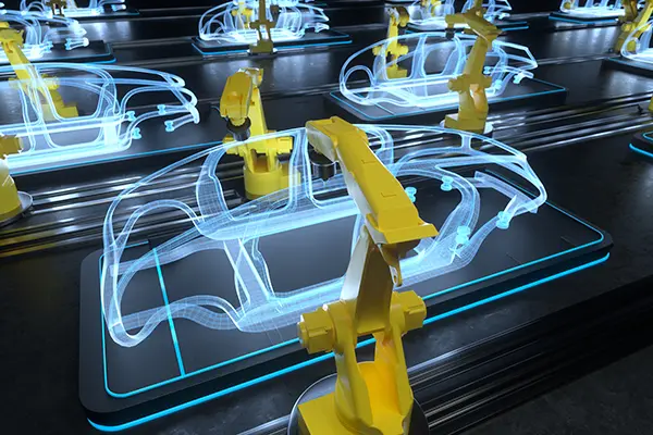 Robotic arms assembling virtual car body frames in a digital production concept