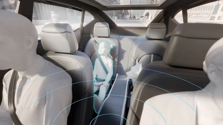Illustration of in-car safety system detecting a child passenger in the rear seat