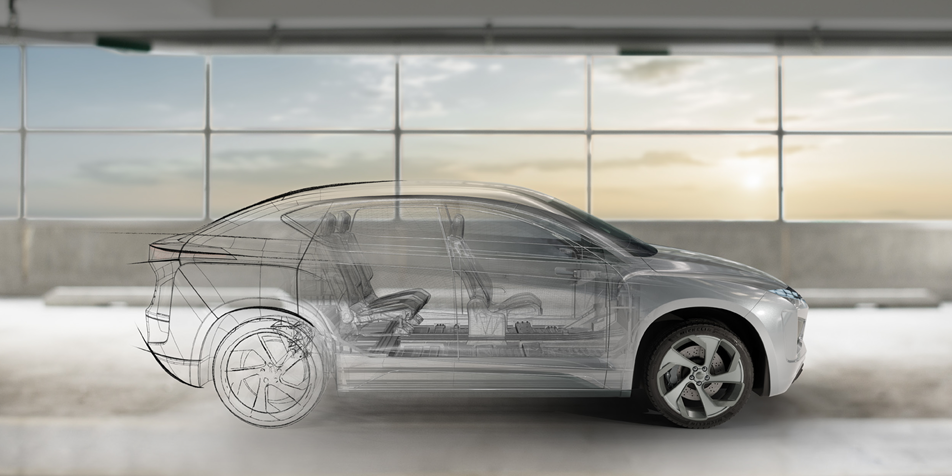 Side view of a car with a transparent overlay showing interior design and structure